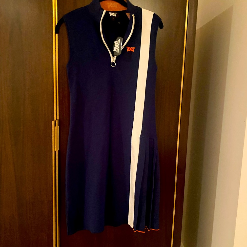 PXG Womens luxury golf dress blue with kick pleat at leg